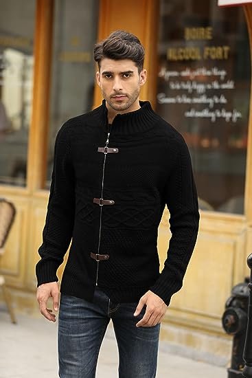 Men's Cable Knitted Oplique Zip Button Front Long Sleeve Cardigan Sweater